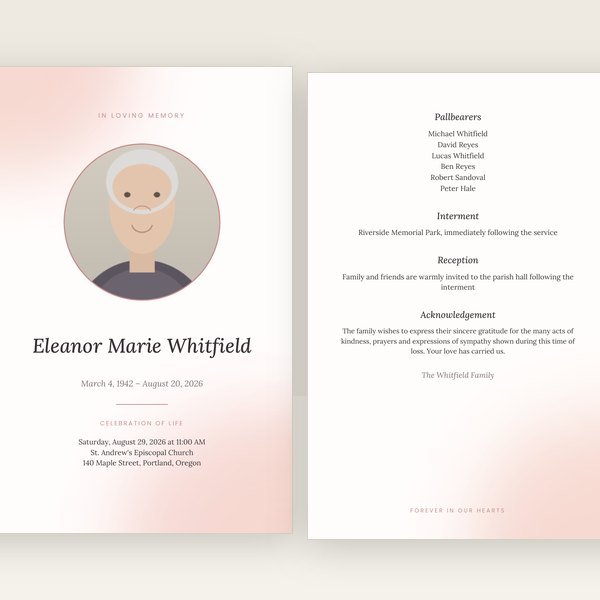Blush Watercolor funeral program template