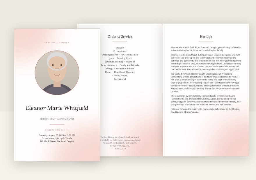 Blush Watercolor funeral program: cover and inside pages