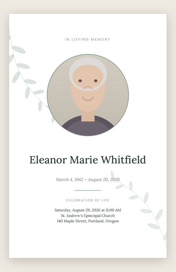 Botanical funeral program template cover