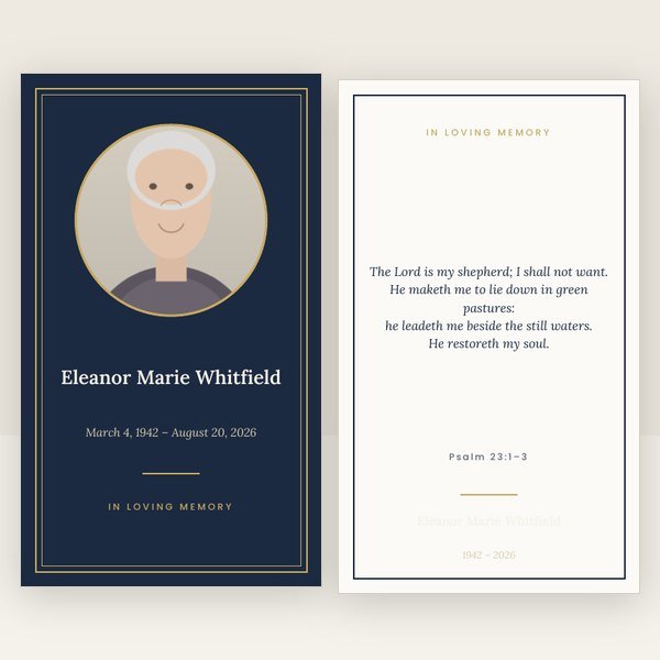 Navy & Gold memorial prayer card template