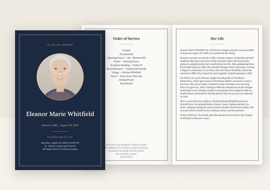 Navy & Gold funeral program: cover and inside pages
