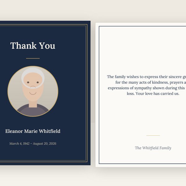 Navy & Gold funeral thank you card template